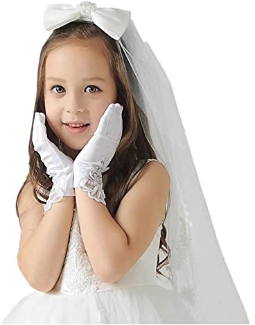 Mitaines Dentelle Fille Gants de Mariage en Satin Exquis Gants Enfant Bowknot Mignon Accessoires Robe Pour Soirée Partie Performance Cérémonie Wedding Cadeau de Noël Halloween