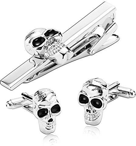 Whoiy Bouton de Manchette Homme, Bouton de Manchette et Pince Cravate Bouton de Manchette Homme Argent Pince Cravate Acier Pince Cravate Homme Tete de Mort