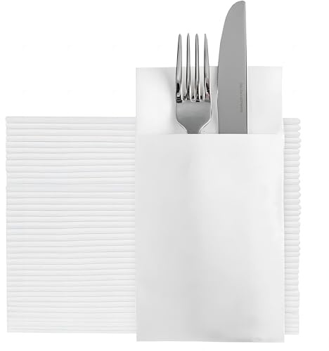 PEACHICHA Pre-Folded Dinner Napkin with Built-in Flatware Pocket, Disposable Linen-Feel Cloth-Like Napkins for Cutlery, Elegant for Party, Wedding, 40x40cm, White, 100 Count