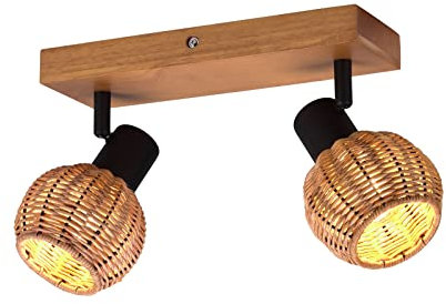 Deckenstrahler 2-flammig Holzlampe mit Rattan Schirmen in Natur