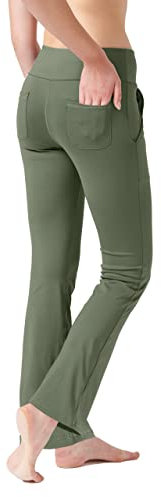 LaiEr Women's Yoga Pants with 4 Pockets High Waist Work Pants 4 Way Stretch Tummy Control Long Flare Pants(Green,XXL)