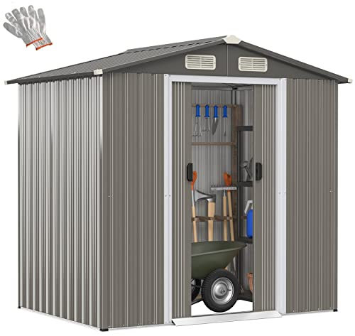 COSTWAY 6 x 4FT/8 x 6FT Metal Garden Shed, Outdoor Galvanized Tool Storage House with 4 Air Vents, Sliding Doors and Ramp, Weatherproof Gardening Organizer Box (Light Grey+Dark Grey, 6 x 4FT)
