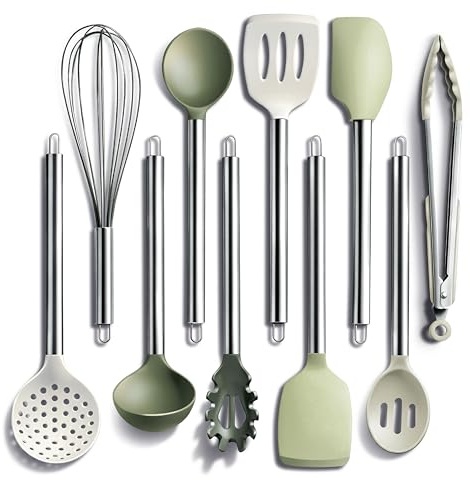 Cook with Color Silicone Cooking Utensils, Kitchen Utensil Set, Easy to Clean Silicone Kitchen Utensils, Cooking Utensils for Nonstick Cookware, Kitchen Gadgets Set, 10 Pieces, Green