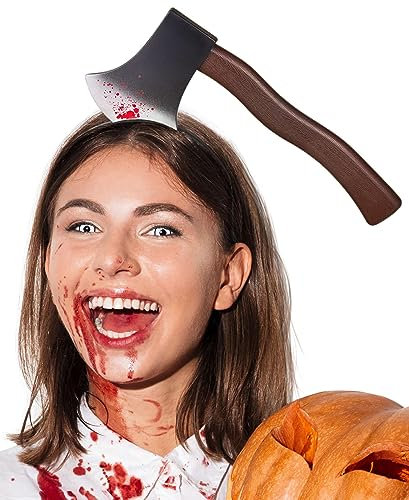 Balinco Diadema de hacha con sangre para Halloween, tocado con hacha sangrienta en la cabeza, accesorio para disfraz de zombi, accesorios para el pelo de horror con sangre, para adultos, mujeres y