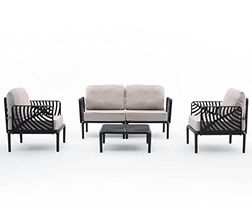 RATTATAN KENZIA Lounge-Set, Gartenmöbel-Set, großes Sofa, 2 Sessel, Kaffeetisch (Anthrazit/Beige)