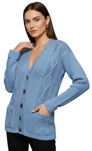 LUXFAB Womens Long Sleeve Button Top Cardigan Chunky Aran Cable Knit Grandad Style Sweater Everyday Casual Warm Knitted Ladies Cardigan UK Sizes 8-26