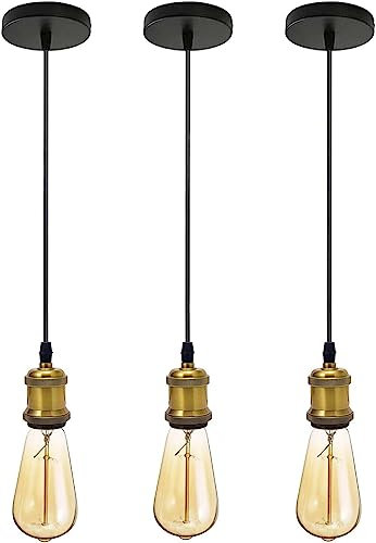 LEDSONE Adjustable Vintage Brass Pendant Light Fixture 4.5x7cm Lamp Holder Max 95cm Hanging Wire Easy Fit Ideal for Living, Dining, Kitchen and Retro Inspired Interiors