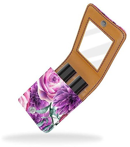 Women’s PU Leather Makeup Lipstick Case, Lipstick Case Holder with Mirror Cute Portable Makeup Travel Cases for Purse Lipstick Holder, Dahlia Rose Purple Pink Floral Flower Vintage Modern