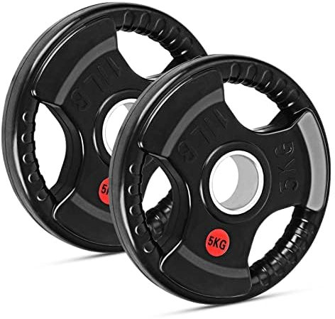 Youyijia 2PCS Olympic Weight Plates Heavy-Duty Cast Iron with Waterproof Rubber Coating Weight Plates for Strength Training and Muscle Development 5kg Weight Plate 2’’ Opening and Tri-Grips
