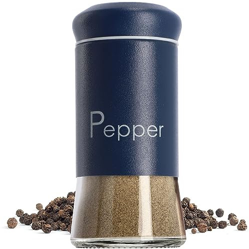 KADAX Salero y pimentero, juego de 1 unidad, 90 ml, esparcidor de cristal y acero inoxidable, salero con tapa media, juego de mesa, tarros de especias (azul oscuro, pimienta)