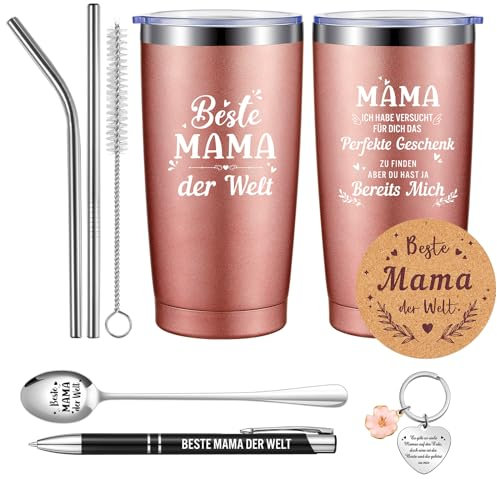 Hestya Beste Mama Geschenk Set 600 ml Thermobecher Löffel Untersetzer Schlüsselanhänger Kugelschreiber Geburtstag Weihnacht zu Geschenk für Bester Mama von Tochter Sohn