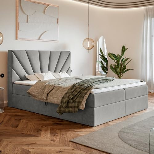 MOTIVENA Aspen Boxspringbett 180x200 mit Bettkasten und Topper, Polsterbett 180x200 mit Bettkasten, Taschenfederkern-Matratze (H3), T28 Komfortschaumstoff Topper (H3), Samt, Grau (Hellgrau)