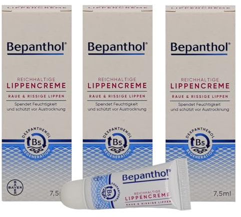Bepanthol Reichhaltige Lippencreme 3x 7,5 ml I für raue, rissige, spröde, trockene Lippen I zur Regeneration der Lippenhaut I Dexpanthenol I Spar-Set plus Pharma Perle give-away (3x 7,5 ml)