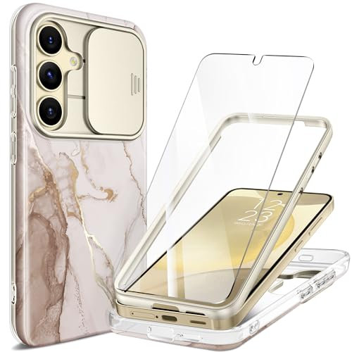 GVIEWIN Compatible with Samsung Galaxy S24 Case with Slide Camera Cover+Screen Protector, 360° Armor Shockproof Marble Fullbody Bumper Protective Anti-Scratch Case 6.2 2024,Shweta/White