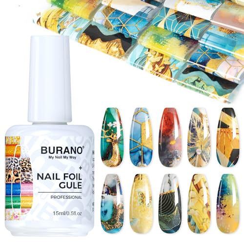 BURANO Transferfolie Nägel Nagelfolien, 15ml Nail Art Foil Kleber Gel mit 10PCS Foliensticker Nail Transfer Tipps Nagelsticker Transferfolie Sticker Set 30