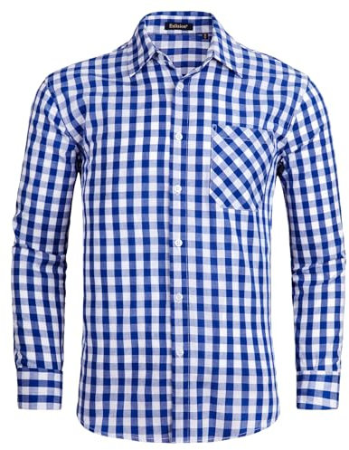 Enlision Checked Shirt Mens Long Sleeve Plaid Work Shirts for Men Smart Casual Button Down Tartan Lumberjack Top with Pocket Regular Fit, Blue and White, XXL