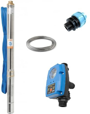 Tiefbrunnenpumpen-Set IBO 3 STM 16 Tiefbrunnenpumpe 750W | Druckschalter PC-59 Pumpensteuerung | UNIDELTA Klemmverbinder 40mm 1.1/4 Zoll | Ablassseil 30 Meter | 100 l/Min. 62m Förderhöhe | Gartenpumpe