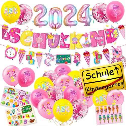 Einschulung Deko, Schulanfang Schuleinführung Deko Set für Mädchen, 2024 Folienballon+ Schule Folienballon + SCHULKIND Girlande + Zuckertüten Girlande+ 23 Luftballons+ 3 Aufklebers, Rosa