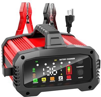 YONHAN Chargeur de Batterie de Voiture LiFePO4 25 A 12 V/24 V avec Mode Booster, Courant réglable à 5 Niveaux (25 A/20 A/8 A/2 A/Auto-A), Chargeur de Batterie pour Toutes Les Batteries au Plomb-Acide