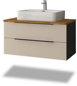 Stil.Zeit Badmöbel Thor inkl. Aufsatz Waschbecken, Waschtisch mit Unterschrank, 96cm, Korpus: Anthrazit, Front: Creme, Ablage: Eiche, Metallgriffe, hängend/Wandmontage