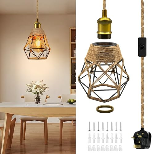 Industrial Plug in Hanging Light Fixtures, 510cm Hemp Rope Pendant Lights with Metal Woven Lampshade,Rustic Plug in Ceiling Light Brass E27 Lamp Holder Vintage DIY Hanging Lamp Kit for Farmhouse