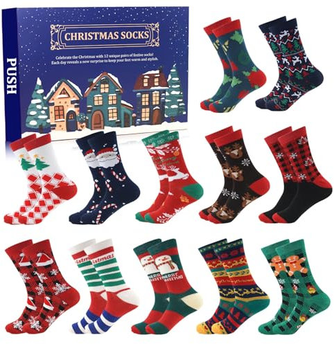ANOTION 2025 Weihnachtssocken, 12 Tage des Weihnachts Adventkalender Warme Socken für Herren Weihnachten Countdown Kalender Geschenke für Urlaub Weihnachtsfeier Weihnachtsbaum Elch Schneemann Socken