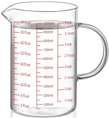 Luvan 1000 ml/4 Tassen/34 oz Glas Messbecher, Flüssigkeits Messbecher mit Griff und V-förmigem Ausguss, Ideal zum Mischen und Kochen, Spülmaschinen/Gefrierschrank/Mikrowellenfest