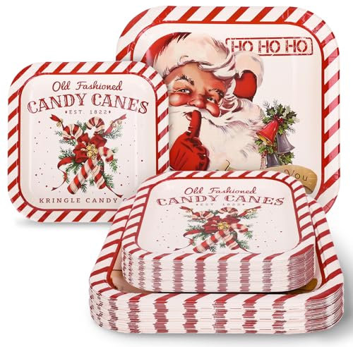 Whaline 40Pcs Christmas Vintage Tableware Set Santa Candy Cane Stripe Paper Plates 7 & 9 Inch Retro Xmas Square Disposable Plates for Holiday Party Table Supplies