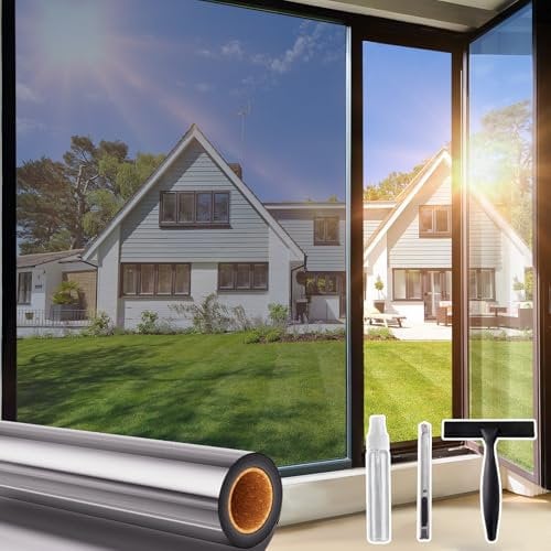 Beautysaid Window Film Privacy One Way Clear, Mirror Heat Reflective Window Security Tint Film Home, Anti Glare UV Sun Blocker Glass Door Covers, Static Cling See Out Not In (75x200cm, Silver)