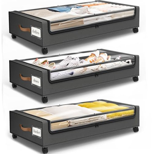 SpaceHacks 3er-Pack Rollbare Unterbettkommode mit transparentem Fenster und Etikett, Groß, für Kleidung, Schuhe & mehr