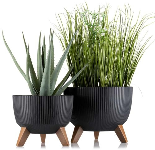HowHomely 2X Schwarz Blumenkübel | Deko Blumentopf mit 3 Beinen | Langlebige Übertopf für Wohnzimmer oder Garten | Set aus 2 Blumenübertopf (18x29cm & 15x24cm)