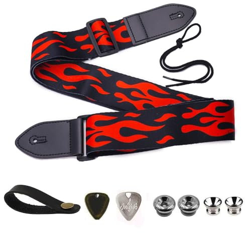 BetterJonny Gitarrengurt, Verstellbarer Gitarren-Gurt Gitarrenband Guitar Strap mit Lederenden Plektrum Knöpfe Gitarrenhals Gurt für E-Gitarre Akustikgitarre Bass, Flamme