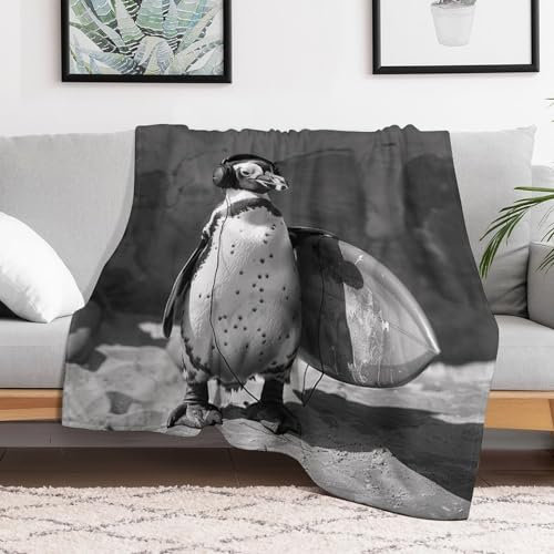 Coole Pinguin-Überwurfdecke, flauschig, leicht, weich, gemütlich, warm, lustige Flanelldecke im Retro-Stil mit Kopfhörern und Tiermotiven für Couch und Sofa, 152,4 x 203,2 cm