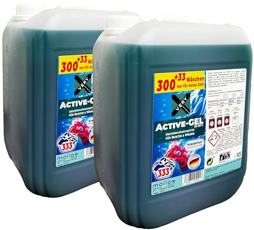 VERY Active Gel, 2x10l Universal-Waschmittel (2x333 Waschladungen), Flüssigwaschmittel für bunte, dunkle & weiße Wäsche, Frische & Hygiene, 20°C - 95°C