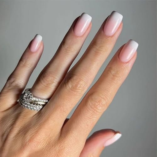 French False Nails - Short Square False Nails - Gradient White Pink Fake Nails - Soft Gel Press on Nails in 12 Sizes - French nails with Glue for Women Girls Nail Art