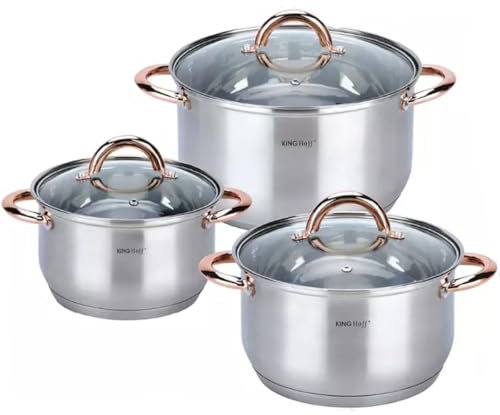 Kinghoff Topfset Induktion 6-teiliges, Kochtopf Set mit Glasdeckel, Kochgeschirr aus Edelstahl außen mattiert, Töpfe Set, Geeignet für alle Herdarten, Spülmaschinenfest, Griffe in Roségold (KH-1762)