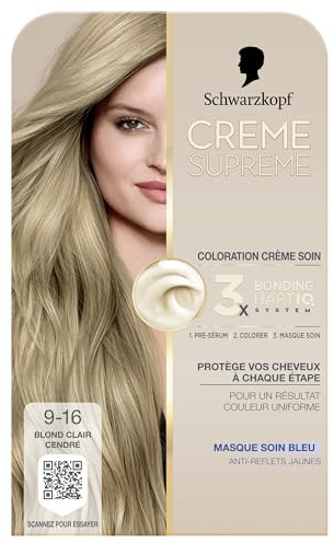 Supreme Creme, Schwarzkopf, Permanente Haarfarbe, Pflegecreme, perfekte Abdeckung für weißes Haar, einheitliches Farbergebnis, 3 x Bonding HaptIQ System, Pre Serum und Pflegemaske Blau, 9,16