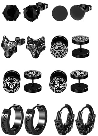 Flongo Wikinger Wolfskopf Ohrringe für Männer: 8 Paar Edelstahl Keltische Ohrstecker Set Vintage Huggie Kreolen Creolen Ohrstecker Nordische Runen Fake Plugs Schwarze Gothic Ohrschmuck