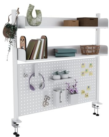 Boltmol Clamp-on 2-Tier Desk Shelf,White 100CM, Desktop Organizer With Pegboard, Countertop Storage Bookcase For Home, Office Or Dorm