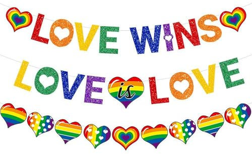 3 Packungen LGBTQ Pride Dekorationen, Glitzer Love Wins Pride Wimpelkette Zubehör Love is Love Regenbogen Wimpelkette Banner für Pride Month LGBT Party Supplies Bar Garten Home Dekorationen
