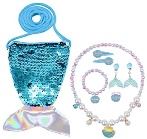 GGUFAY 7 Pcs Meerjungfrau Kinder Schmuckset Mädchen，Schmuck Mädchen，Meerjungfrauenflosse Tasche，Halsketten，Ohrringe，Armbänder，Ringe， Haarspange,für Geburtstagsgeschenke, Party, Weihnachten