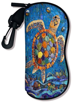 Weiches Brillenetui für Schildkröten, buntes Mosaik-Design, Meeresschildkröte, Brillenhalter mit Reißverschluss, tragbar, Reise-Neopren, Blau, 3x7 Inch