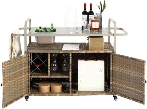 Outdoor-Stehtisch mit Unterschrank, Servierwagen aus PE-Rattan & Stahlblech, mit Eiskübel, 360°-Rollen, Seitenkorb, Eisbehälter - Allwettergeeignet für Garten, Pool & Terrasse,B