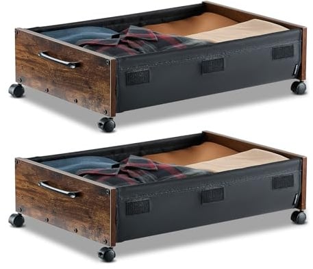 VEVOR Under Bed Storage with Wheels, 25.6 x 18.1 x 7.1 inch Underbed Containers, Underbed Shoes Organizer with Lockable Wheels, Rolling Under the Bed Storage Bins for Clothes, Shoes, Blankets, 2 Pack