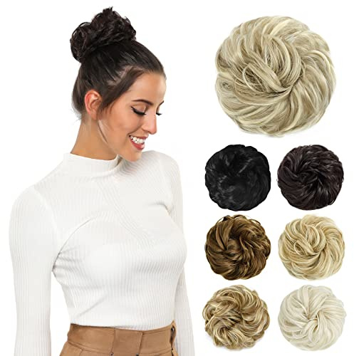 PARXITN Dutt Haarteil mit Gummiband Gelockt für Messy Bun Pferdeschwanz Haarverlängerung als Haargummi mit Haaren für Hochsteckfrisuren Damen 45g Sandblond gemischt mit Platinblond