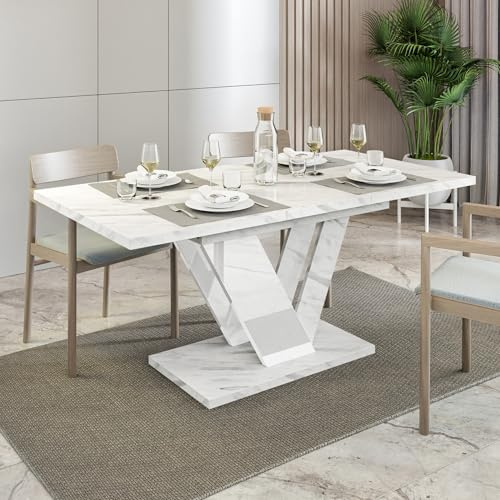 White Extendable Dining Table, 4-6 Seater, 120-160cm, Marble Effect, DUBAI | 4ft Modern Dining Table, Seats 4-6 People, Table Only – No Chairs, Kitchen Table, Glamour Marble Effect, Space-Saving Design