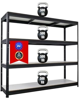 PROREGAL Schwerlastregal Dino 180x200x60cm 4 Melamin-Ebenen 16mm Fachlast 500kg Schwarz, Garagenregal, Lagerregal, Steckregal, Kellerregal