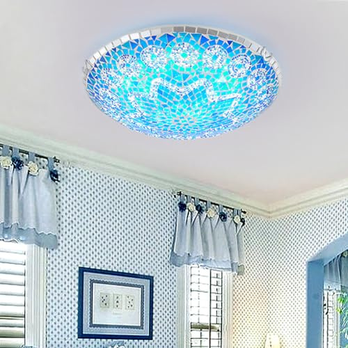 Fiunkes Türkische Mosaik-Deckenleuchte Morocco Bohemia Blue, Vintage-Antik-LED-Dreifarbenbeleuchtung für Wohnzimmer, Schlafzimmer, Eingangsbereich, Esszimmer,12inch
