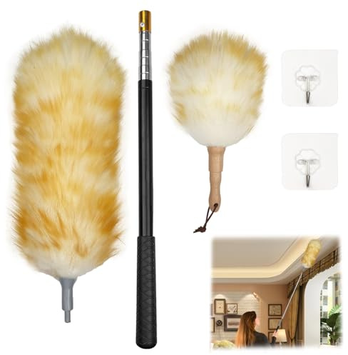 2er Set Lammwolle Staubwedel mit Teleskopstange bis 185cm (Groß & Klein) | Staubwedel Teleskop Waschbar mit Haken, für Kratzfreie Reinigung Decken, Möbel, Auto & Empfindliche Oberflächen