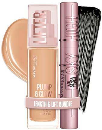 Maybelline New York Make-up Set: Lifter Foundation mit Niacinamid & Hyaluron + Sky High Mascara für extreme Länge & Volumen, Strahlender Teint & Volle Wimpern, Natural Glow, 2-teilig